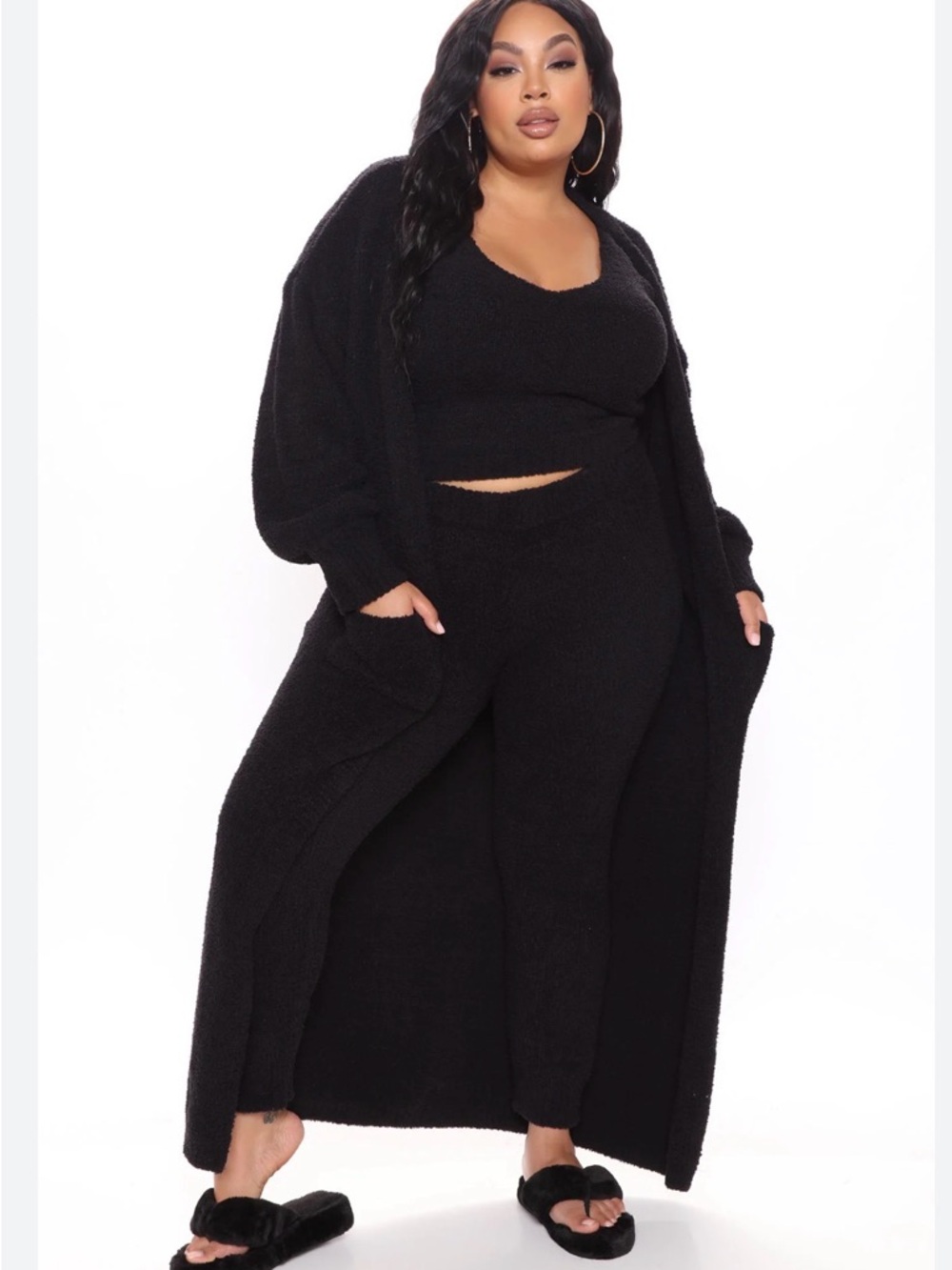 Cozy Black Knit Lounge Duster Pant Set